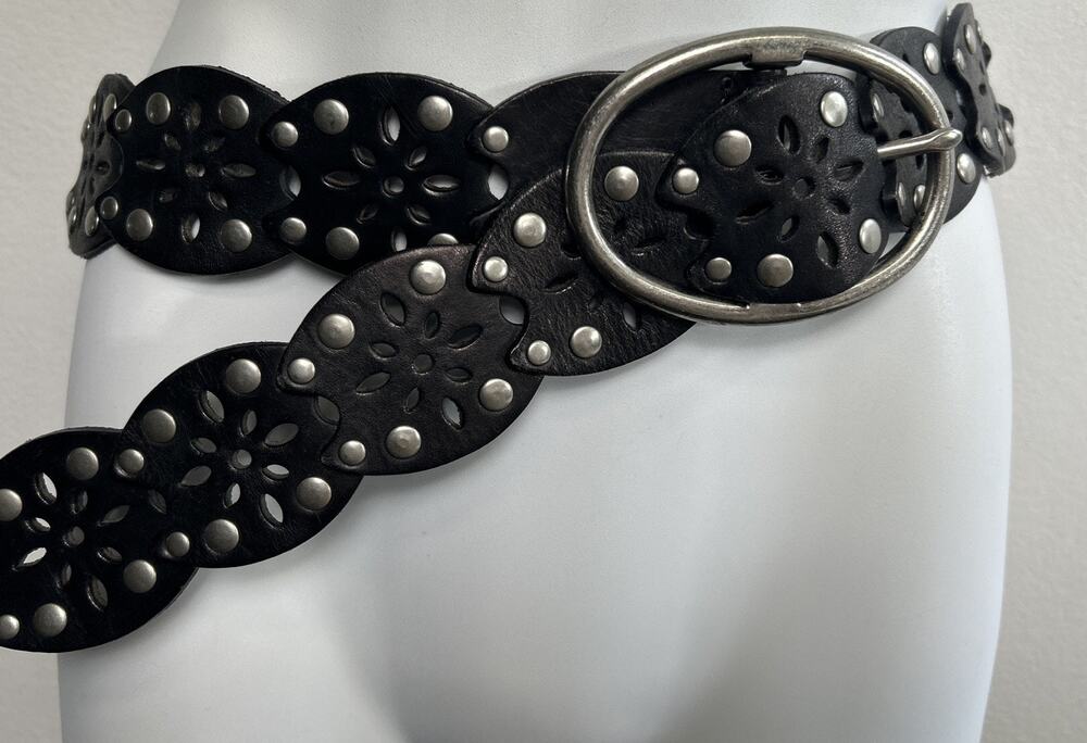 Vintage Liz Claiborne L Black Leather Concho Belt Studded Punched Statement